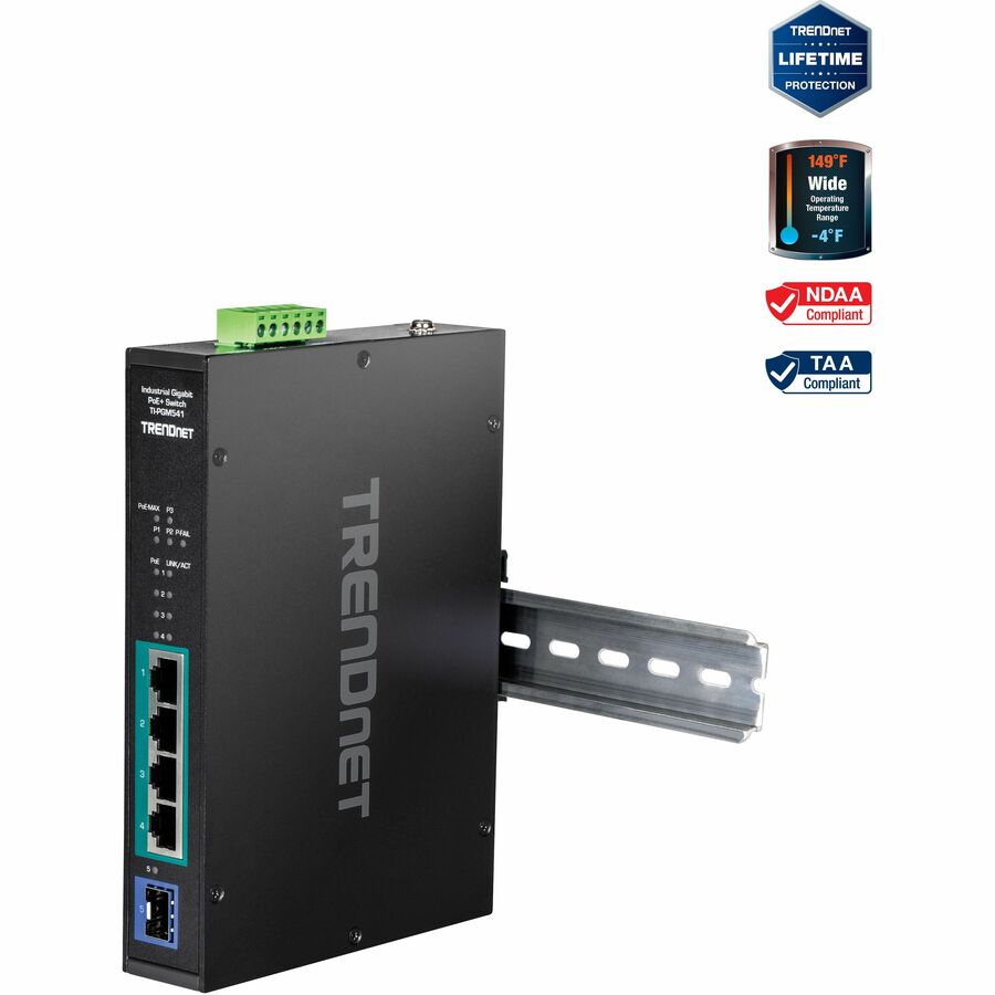 TRENDnet 5-Port Industrial Gigabit PoE+ Switch, Wide Temperature Range -20° - 65°C (-4° - 149°F), DIN-Rail Switch, 50-55V DC, 4 x Gigabit PoE+ Ports, 1 x Gigabit SFP Slot, TI-PGM541, Black