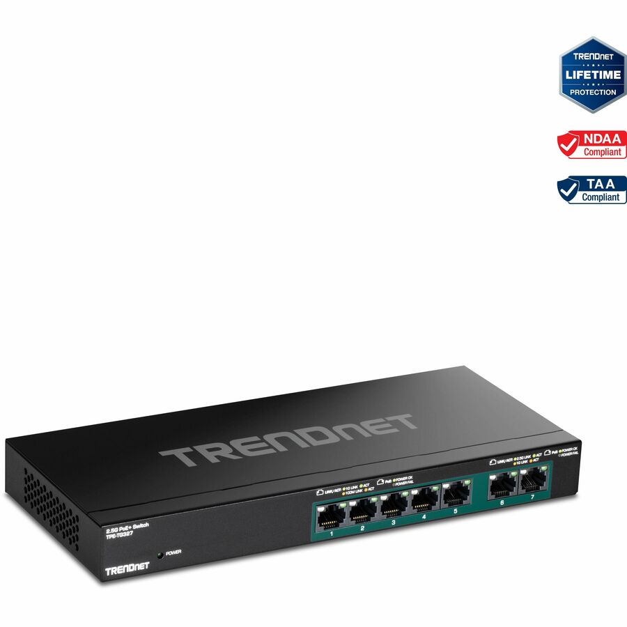 TRENDnet 7-Port Multi-Gig PoE+ Switch, 5 x 1G RJ-45 PoE+ BASE-T Ports, 2 x 2.5G RJ-45 PoE+ Ports, 20Gbps Switching Capacity, Wall Mountable, Network Ethernet Switch, Lifetime Protection, Black,TPE-TG327