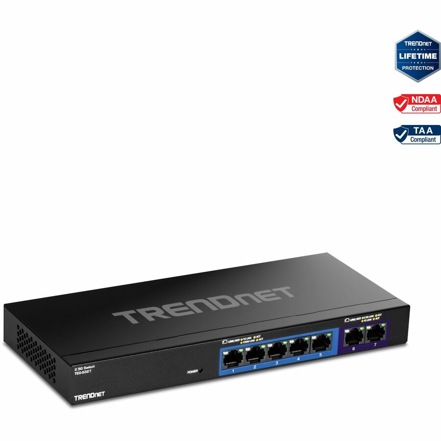 TRENDnet 7-Port Multi-Gig Switch, 5 x 1G RJ-45 Base-T Ports, 2 x 2.5G RJ-45 Ports, 20Gbps Switching Capacity, Wall Mountable, Plug & Play, Network Ethernet Switch, Lifetime Protection, Black,TEG-S327