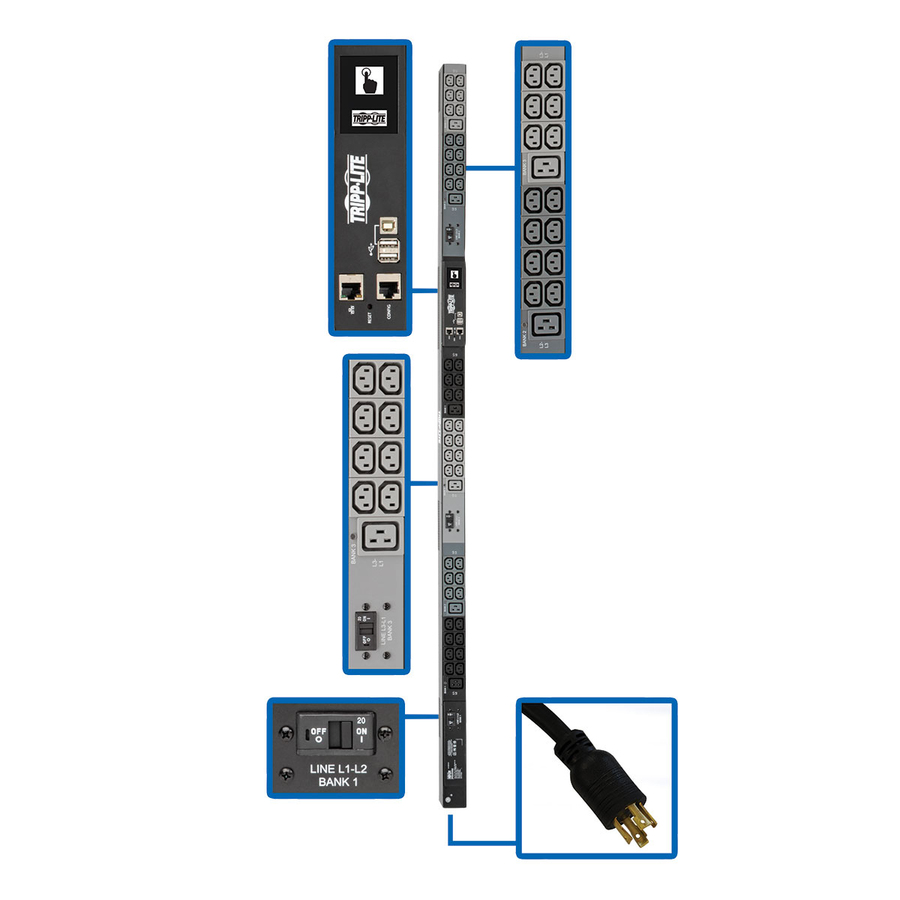 Tripp Lite by Eaton PDU 10kW 200-240V 3PH Monitored PDU - LX Interface Gigabit 48 Outlets L15-30P LCD 1.8 m Cord 0U 1.8 m Height TAA