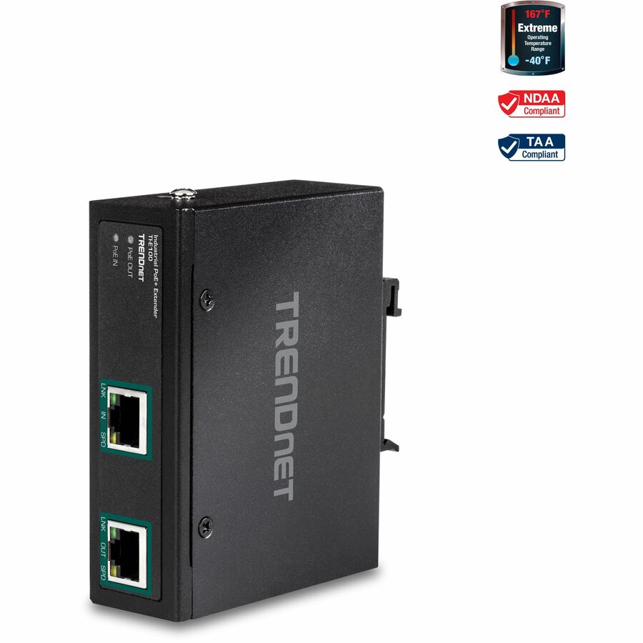 TRENDnet Industrial Gigabit PoE+ Extender, TI-E100, Single Port PoE, Power Over Ethernet, Supports PoE (15.4W) and PoE+ (30W), Extends 100m, Cascade 2 Units for Distance Up to 300m (984 ft.), IP30