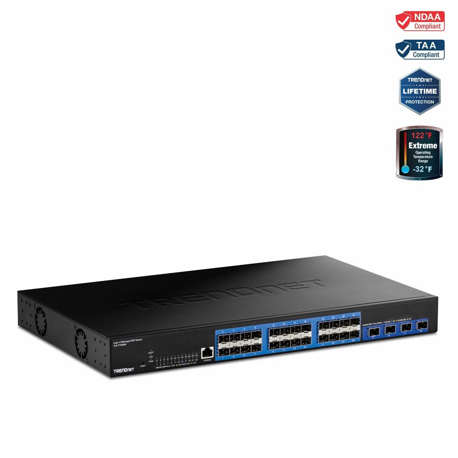 TRENDnet 28-Port Layer 2 Managed SFP Switch with 10G SFP+ Ports, TL2-F70284, 24 x Gigabit SFP Ports, 4 x 10G SFP+ Ports, Web Based Management, 128Gbps Switching Capacity, Lifetime Protection, Black