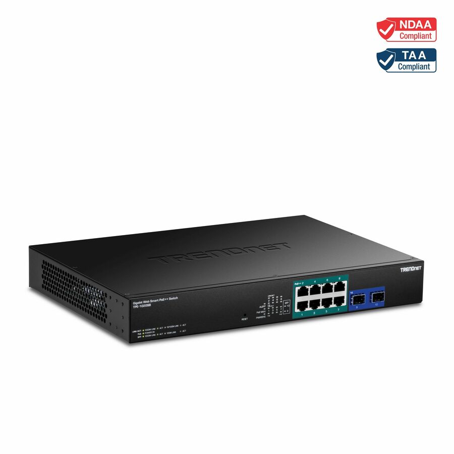 TRENDnet 10-Port Gigabit Web Smart PoE++ Switch, TPE-1020SB, 8 x Gigabit 95W PoE++ Ports, 2 Gigabit SFP Ports, 180W PoE Power Budget, Lifetime Protection, Black