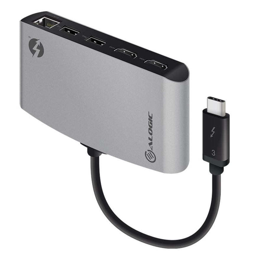 ALOGIC ThunderBolt 3 Dual HDMI PORTABLE Docking Station with 4K - Space Grey - 2 x USB-A (1X USB 3.1, 1x USB 2.0), 1 x Gigabit Ethernet, 2 x HDMI 4K @60Hz