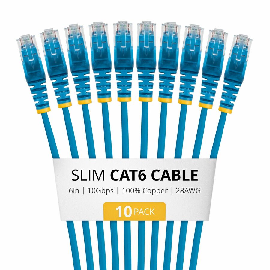 StarTech 6in Blue Slim CAT6 Cable, 10 Pack, Snagless RJ45, UTP, LSZH, 28AWG Pure Bare Copper, Slim Network Patch Cord