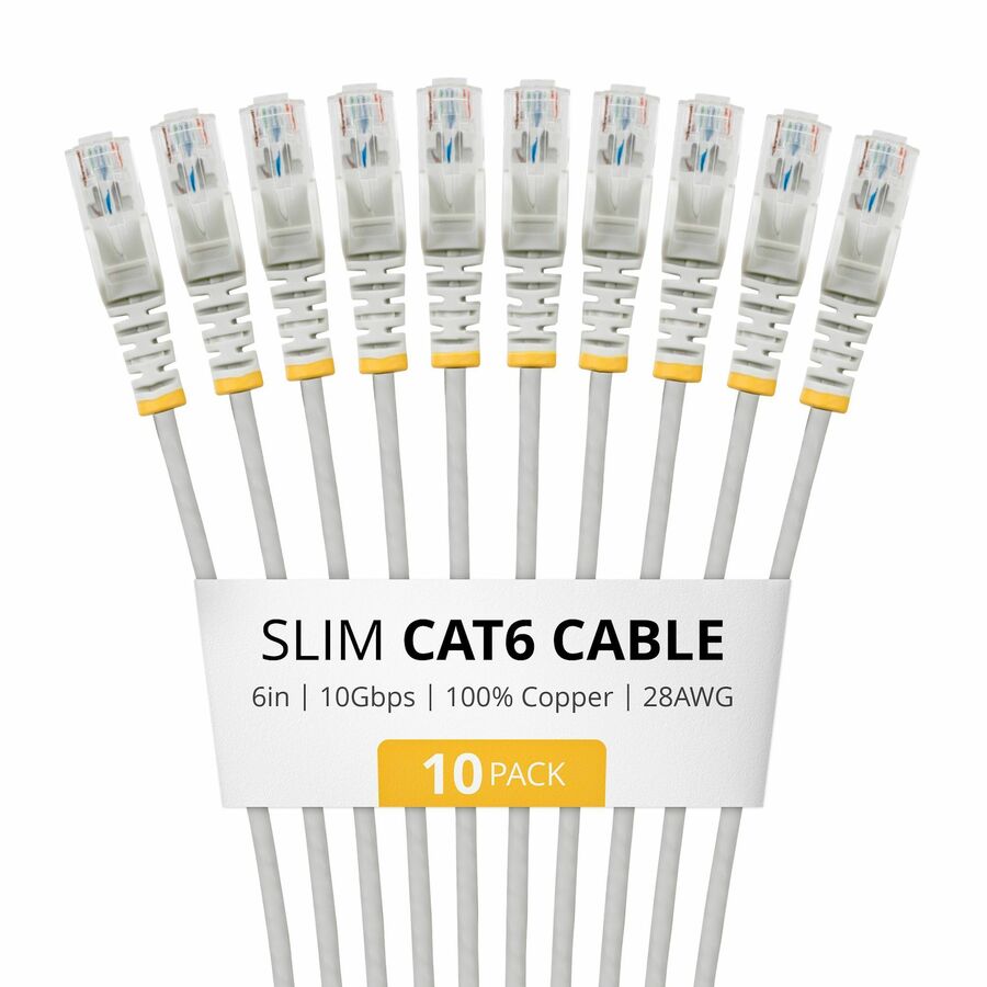 StarTech 6in Gray Slim CAT6 Cable, 10 Pack, Snagless RJ45, UTP, LSZH, 28AWG Pure Bare Copper, Slim Network Patch Cord