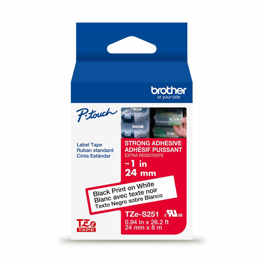 Brother Genuine P-touch TZeS251 BK on WHT Label Tape, Strong Adhesive Lam., 24mmX8m
