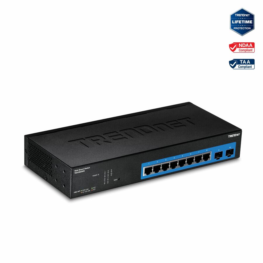 TRENDnet 10-Port Gigabit Web Smart Switch; 20 Gbps Switching Capacity; 8 x RJ-45 Ports; 2 x SFP; Slots; VLAN; QoS; LACP; IPv6 Support; Fanless; Rack Mountable; Lifetime Protection; TEG-082WS