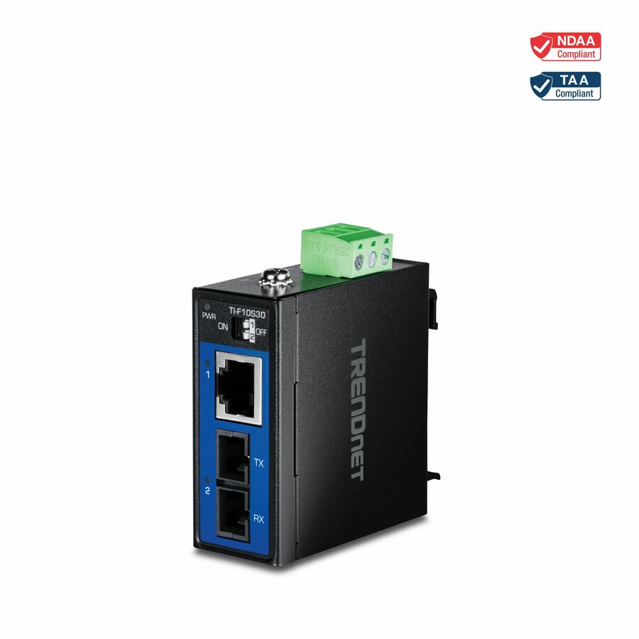 TRENDnet Industrial 100Base-FX Single-Mode SC Fiber Converter (30 km, 18.6 mi.), TI-F10S30, Hardened IP50 Rated 100Base-T Ethernet to 100Base-FX Converter, NDAA & TAA Compliant