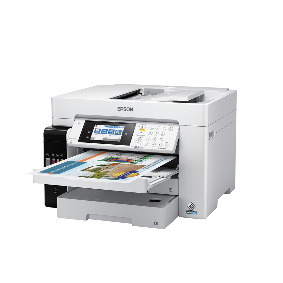 Epson WorkForce ST-C8090 Inkjet Multifunction Printer-Color-Copier/Fax/Scanner-4800x1200 dpi Print-Automatic Duplex Print-66000 Pages-550 sheets Input-Color Flatbed Scanner-1200 dpi Optical Scan-Color Fax-Wireless LAN-Epson Connect-Mopria