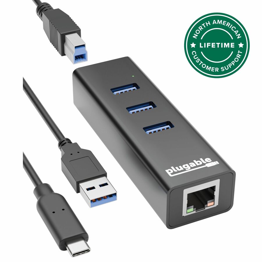 Plugable 3-Port USB 3.0 Hub with Gigabit Ethernet | Compatible with Windows, macOS, Linux, and ChromeOS