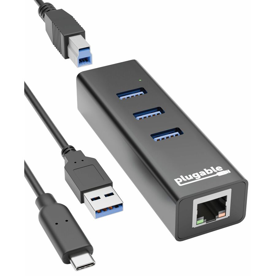Plugable 3-Port USB 3.0 Hub with Gigabit Ethernet | Compatible with Windows, macOS, Linux, and ChromeOS