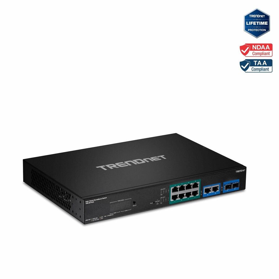 TRENDnet 12-Port Gigabit PoE+ Smart Surveillance Switch with 8 x Gigabit PoE+ Ports; TPE-3012LS; 2 x Gigabit Ports; 2 x SFP Slots; 110W PoE Budget; Long Range PoE+; VLAN; QoS; LACP; ONVIF