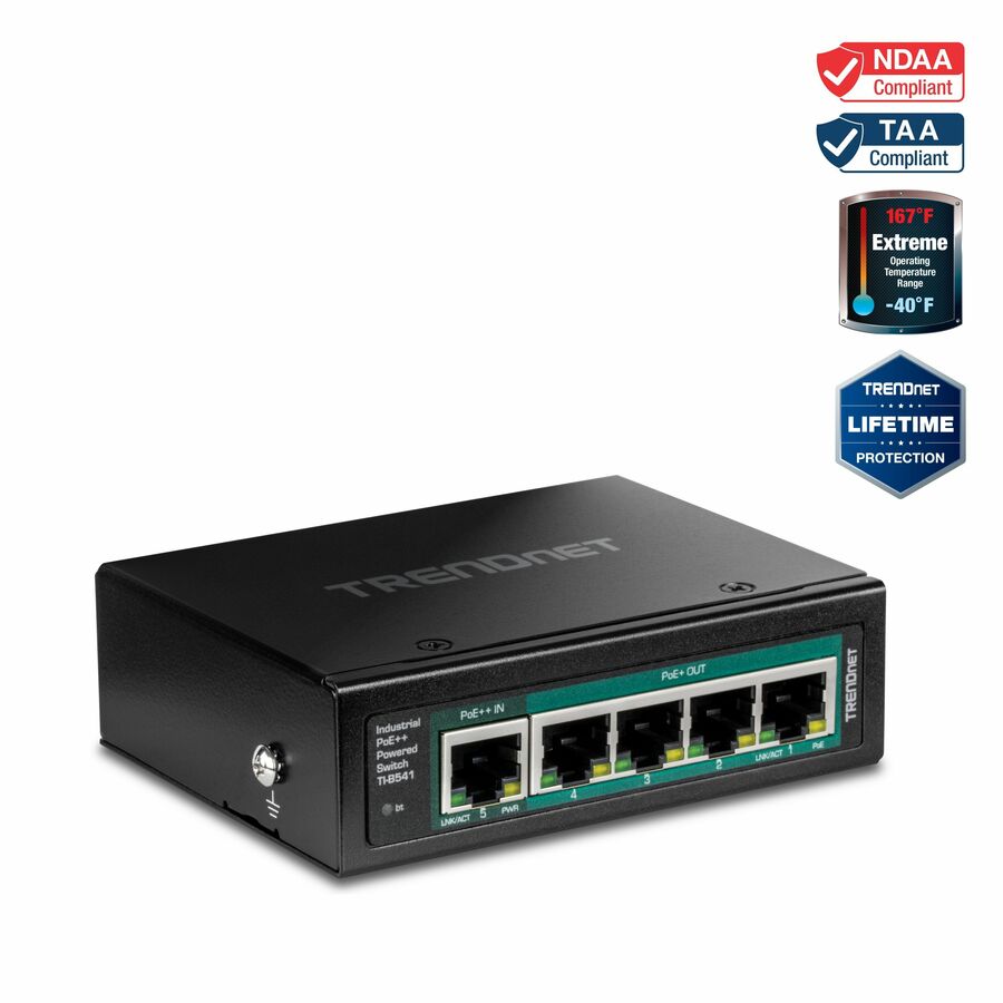 TRENDnet TI-B541, 5-Port Industrial Gigabit PoE++ Powered DIN-Rail Switch with PoE Pass-Through, Lifetime Protection, Black