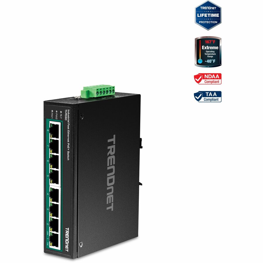 TRENDnet 8-Port Industrial Unmanaged Fast Ethernet PoE+ DIN-Rail Switch, TI-PE80, 8 x Fast Ethernet PoE+ Ports, 200W PoE Power Budget, IP50 Rated Housing, NDAA TAA Compliant, Lifetime Protection