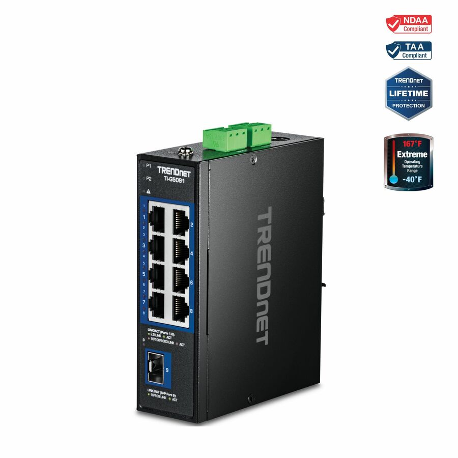 TRENDnet 9-Port Industrial 2.5G DIN-Rail Switch with 10G SFP+ Port, TI-G5091, 8 x 2.5G Ports, 1 x 10G SFP+ Port, 60Gbos, NDAA TAA Compliant, Lifetime Protection