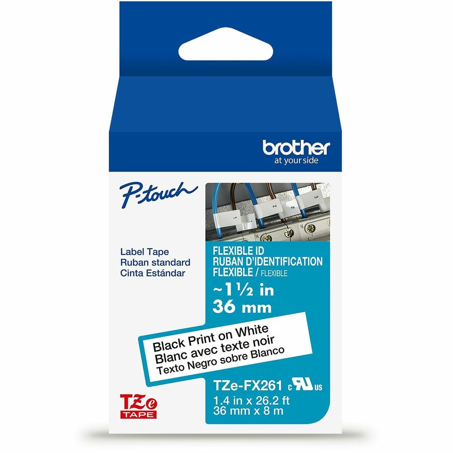 Brother Genuine P-touch TZeFX261 BK on WHT Label Tape, Flexible ID Laminated, 36mmX8m
