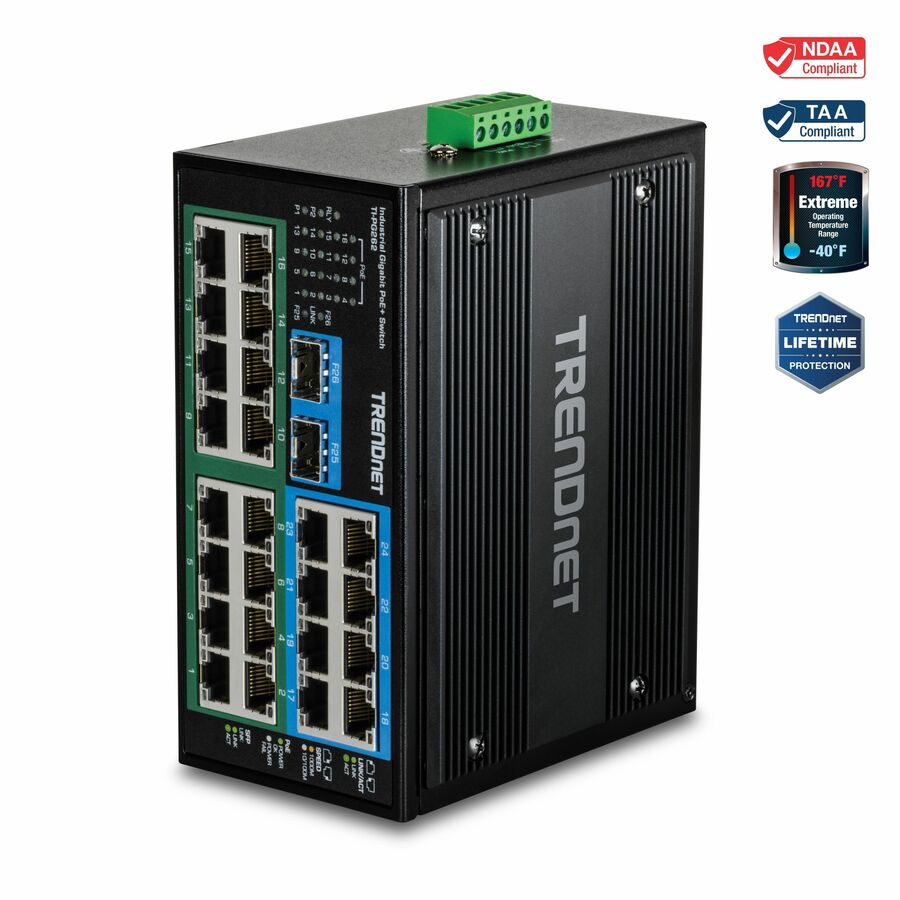 TRENDnet 26-Port Hardened Industrial Unmanaged Gigabit DIN-Rail Switch, TI-PG262, 16 x Gigabit PoE+ Ports, 8 x Gigabit RJ-45 Ports, 2 x SFP Ports, IP30, Lifetime Protection, Black