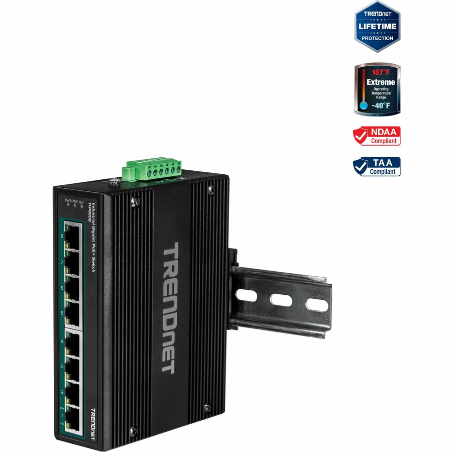 TRENDnet 8-Port Hardened Industrial Unmanaged Gigabit 10/100/1000Mbps DIN-Rail Switch w/ 8 x Gigabit PoE+ Ports; TI-PG80B; 24 56V DC Power inputs with Overload Protection