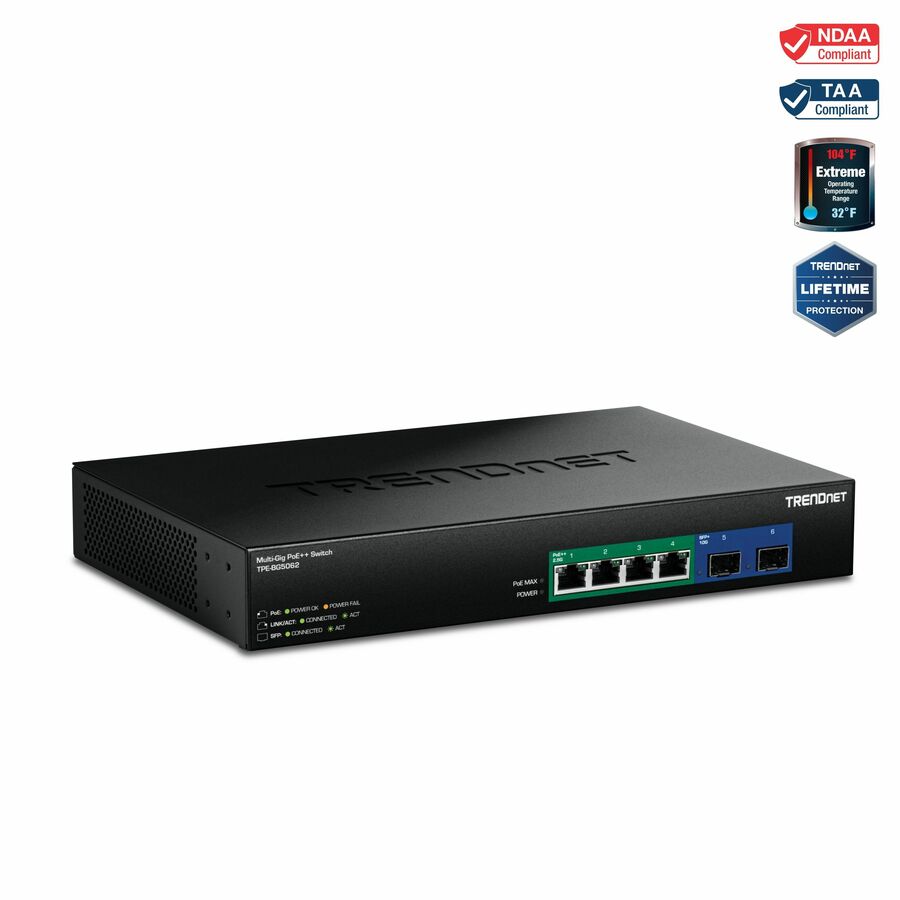 TRENDnet 6-Port 2.5G GaN Power PoE++ Switch with 10G SFP+ Ports (240W), TPE-BG5062, 4 x 2.5G PoE++ Ports, 2 x 10G SFP+ Ports, 240W, 60Gbps, NDAA TAA Compliant for Government use, Lifetime Protection