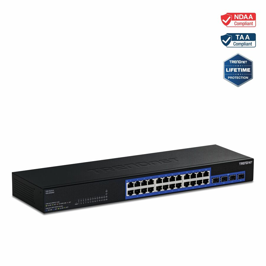 TRENDnet 24-Port Gigabit Switch with 2 X 10G SFP+ Slots; Fanless Design; 19 1U Rack mountable; TEG-30262