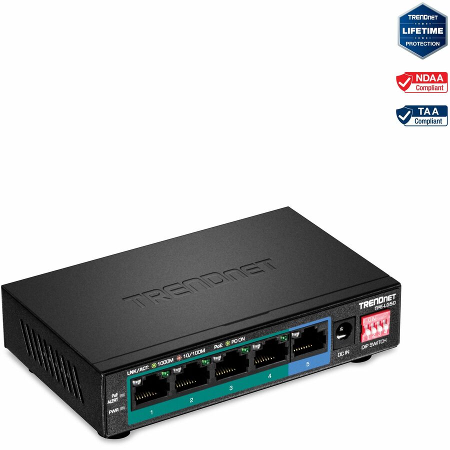 TRENDnet 5-Port Gigabit Long Range PoE+ Switch, 4 x Gigabit PoE+ Ports, 1 x Gigabit Port, 32W PoE Budget, 10Gbps Switching Capacity, Extends PoE+ 200m (656 ft), Lifetime Protection, Black, TPE-LG50