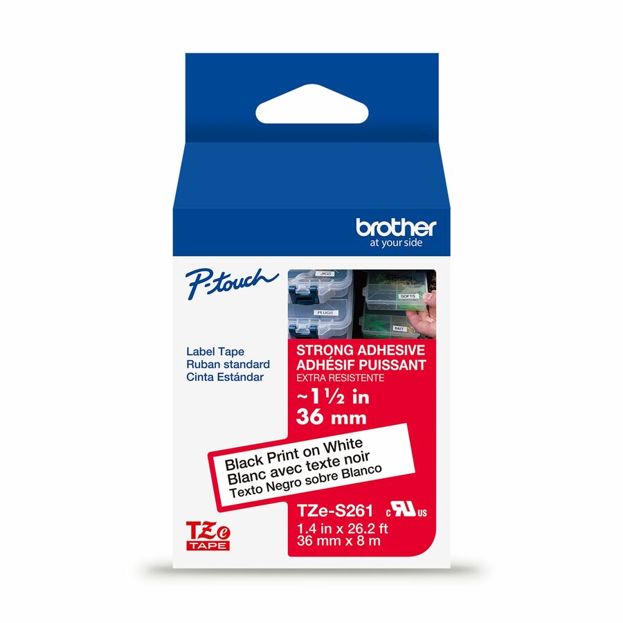 Brother Genuine P-touch TZeS261 BK on WHT Label Tape, Strong Adhesive Lam., 36mmX8m
