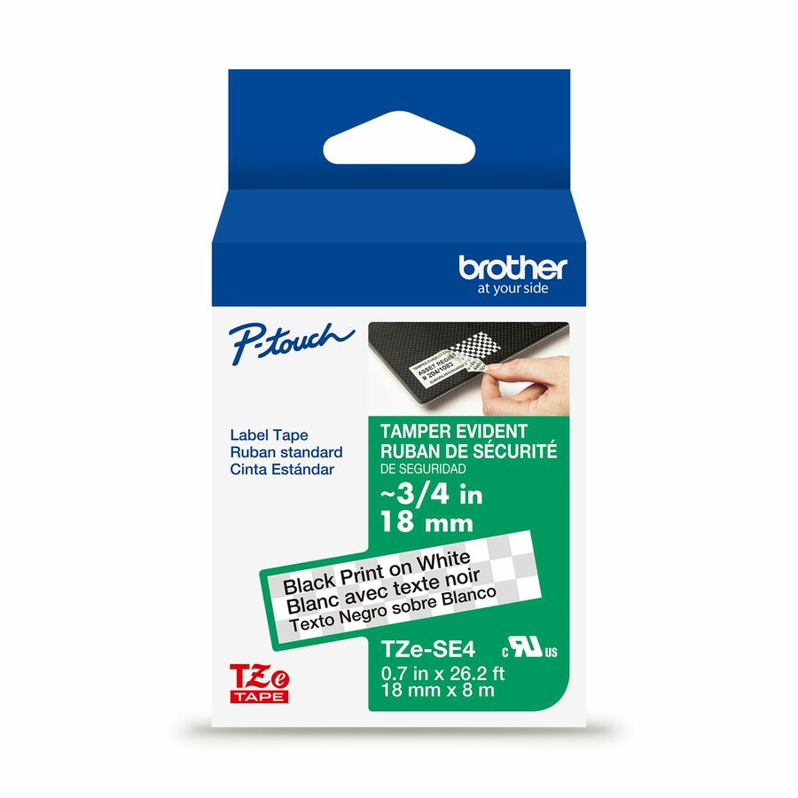 Brother Genuine P-touch TZeSE4 BK on WHT Tamper-Evident Label Tape, Laminated, 18mmX8m