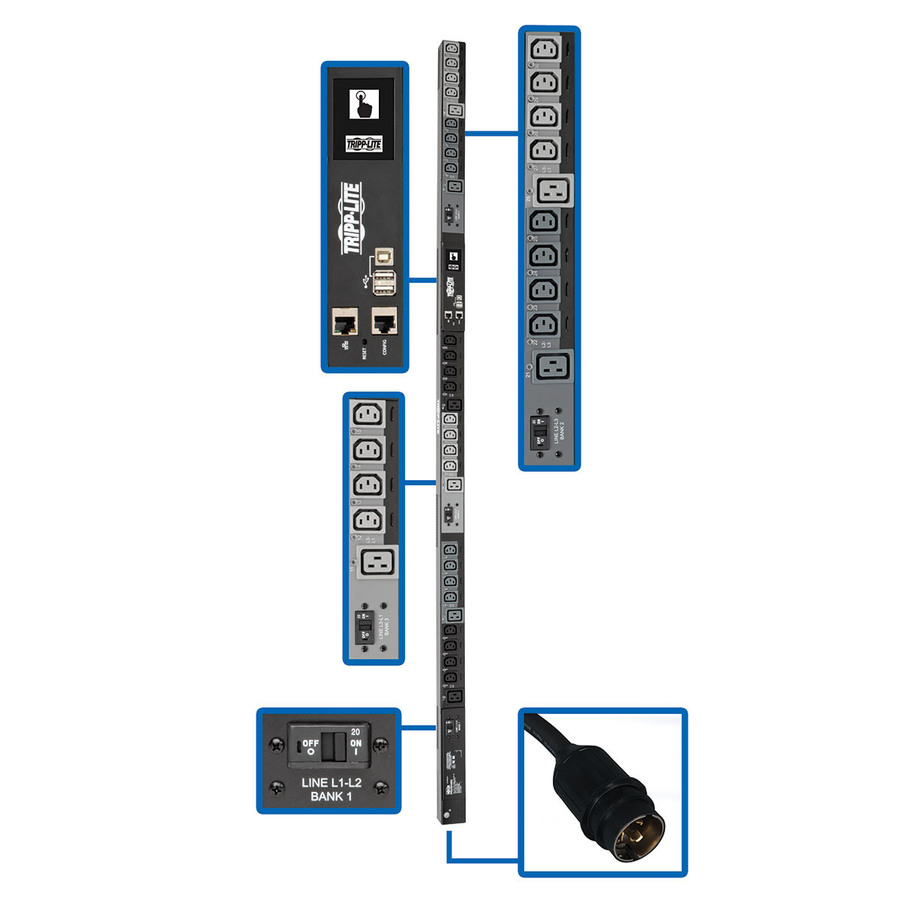 Tripp Lite by Eaton PDU 14.5kW 200-240V 3PH Switched PDU - LX Interface Gigabit 30 Outlets Hubbell CS8365C Input LCD 1.8 m Cord 0U 1.8 m Height TAA