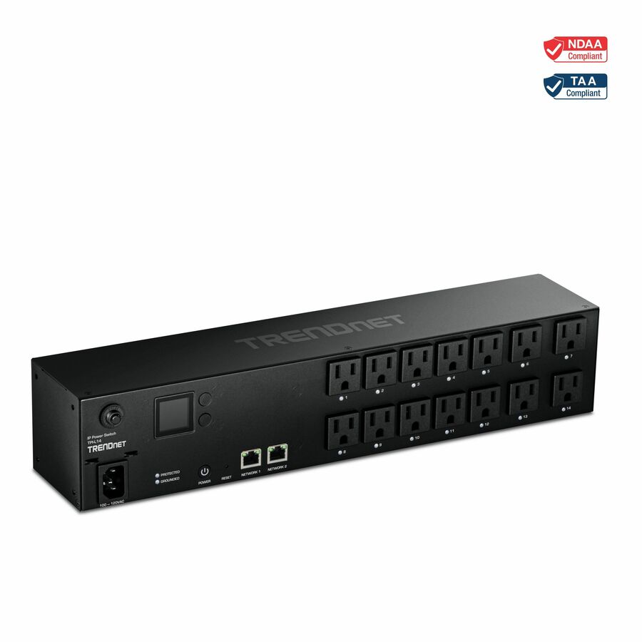TRENDnet 14-Outlet Managed 2U Rackmount Switched Power Distribution Unit, TPI-L14, 14 x NEMA 5-15R Managed Power Outlets, 2 x Gigabit Ports, Remote Cloud Management PDU, NDAA & TAA Compliant
