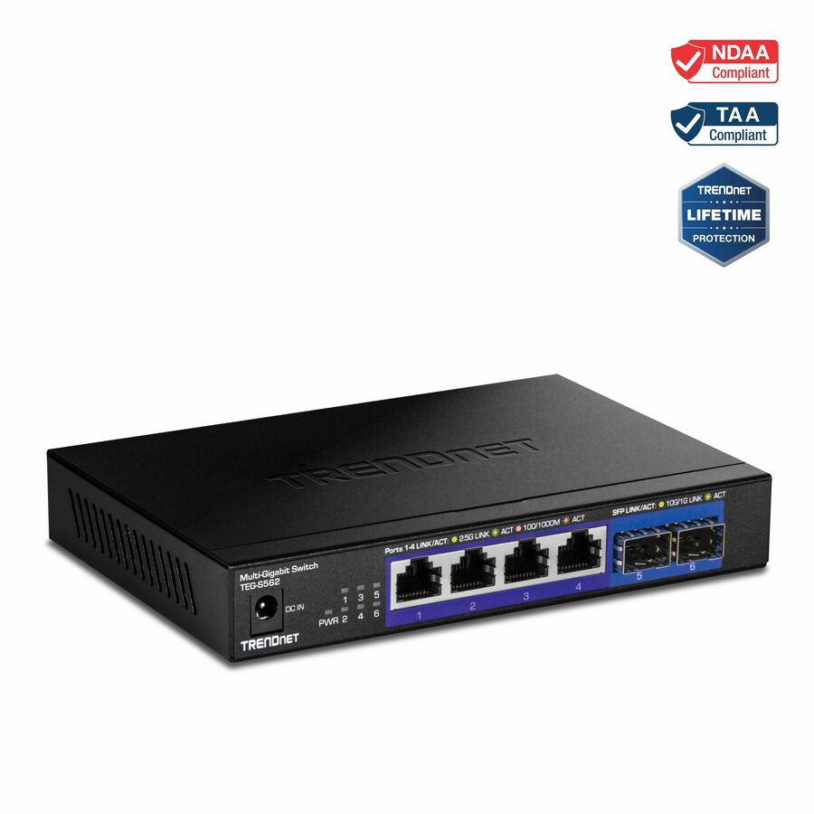 TRENDnet 6-Port Unmanaged Multi-Gig Switch, 4 x 2.5GBASE-T Ports, 2 x 10G SFP+ Ports Fanless, Compact Desktop Design, Metal Housing, Network Ethernet Switch, Lifetime Protection, Black, TEG-S562