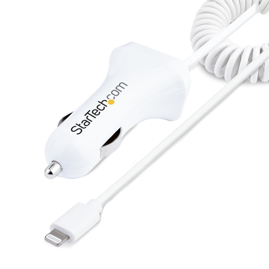 StarTech Lightning Car Charger with Coiled Cable, 1m Built-in Cable, 12W, White, 2 Port USB Car Charger Adapter, In Car iPhone Charger