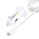 StarTech Lightning Car Charger with Coiled Cable, 1m Built-in Cable, 12W, White, 2 Port USB Car Charger Adapter, In Car iPhone Charger