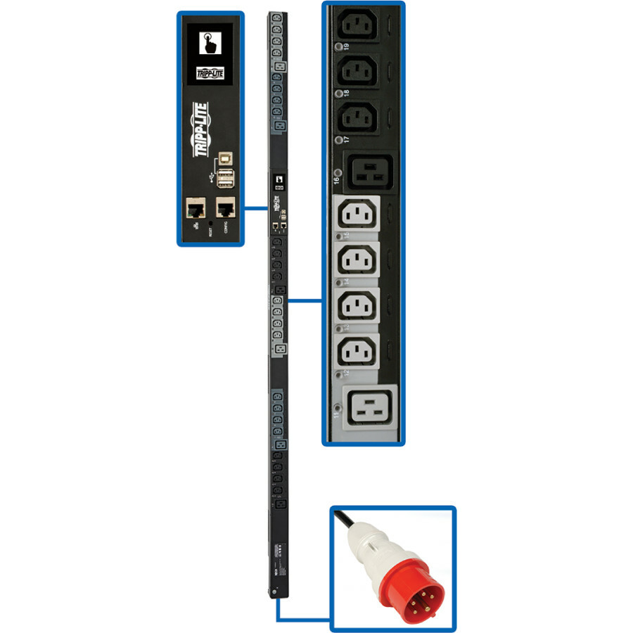 Eaton Tripp Lite Series 11.5kW 208-240V 3PH Switched PDU - LX Interface, Gigabit, 30 Outlets, IEC 309 16/20A Red 360-415V Input, Outlet Monitoring, LCD, 1.8 m Cord, 0U 1.8 m Height, TAA