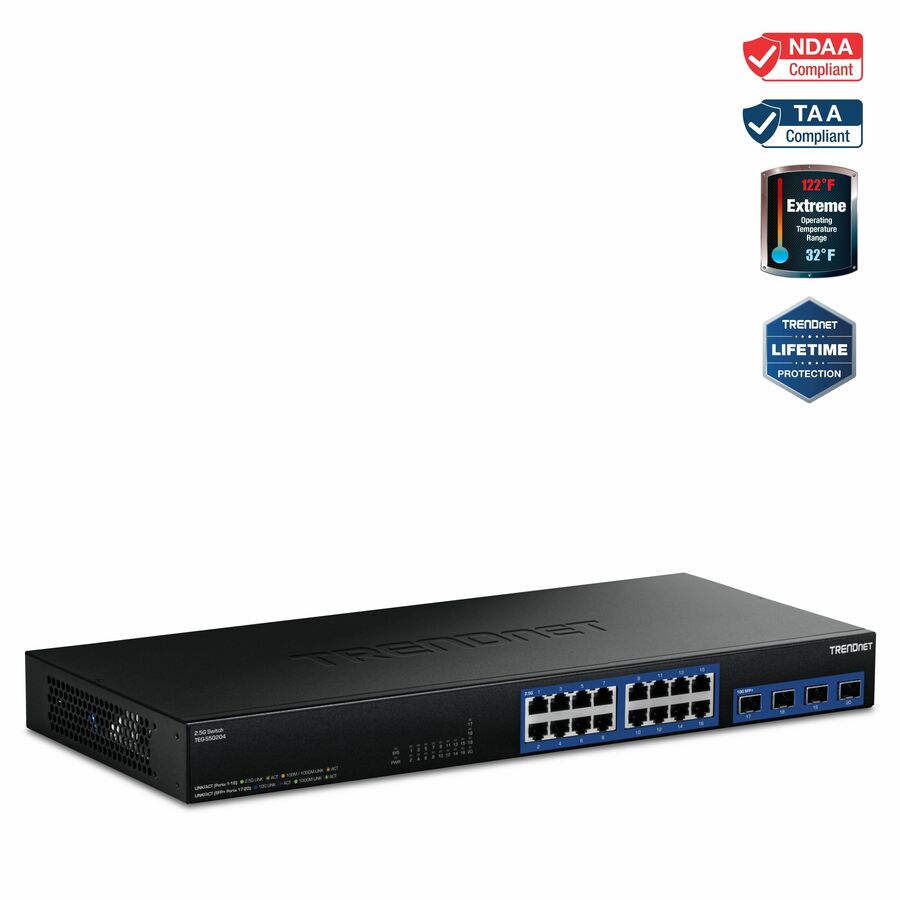 TRENDnet 20-Port 2.5G/Multi-Gig Switch with 10G SFP+ Ports, TEG-S50204, 16 x 2.5G RJ-45 Ports, 4 x 10G SFP+ Ports, 160Gbps, 1U Rack Mountable, NDAA TAA Compliant, Lifetime Protection, Black Visit the TRENDnet Store