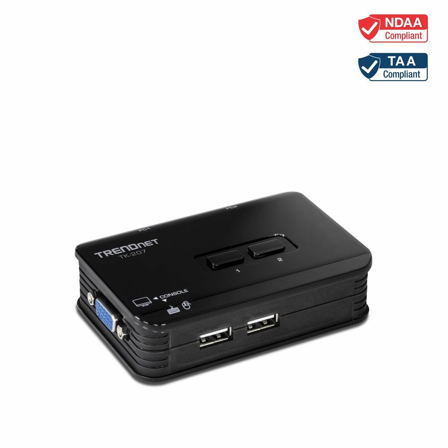 TRENDnet 2-Port USB KVM Switch And Cable Kit, 2048 x 1536 Resolution, Device Monitoring, Auto-Scan, Audible Feedback, USB 1.1, Compliant With Windows And Linux, Hot-Pluggable, White, TK-207K