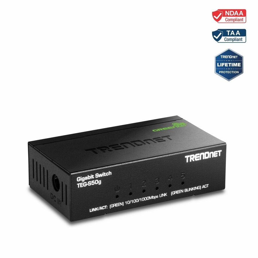 TRENDnet 5-Port Mini Gigabit Switch, TEG-S50g, GREENnet Technology, NDAA + TAA Compliant, Desktop Metal Ethernet Network Switch, 5 x Gigabit Ports, Fanless, Lifetime Protection, Black