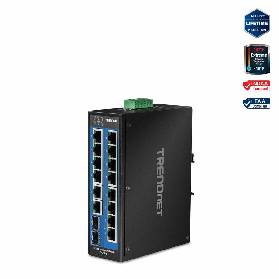 TRENDnet 16-Port Hardened Industrial Unmanaged Gigabit DIN-Rail Switch; TI-G162; 14 x Gigabit Ports; 2 x Gigabit SFP Slots;32Gbps Switching Capacity; IP30 Ethernet Network Switch; Lifetime Protection