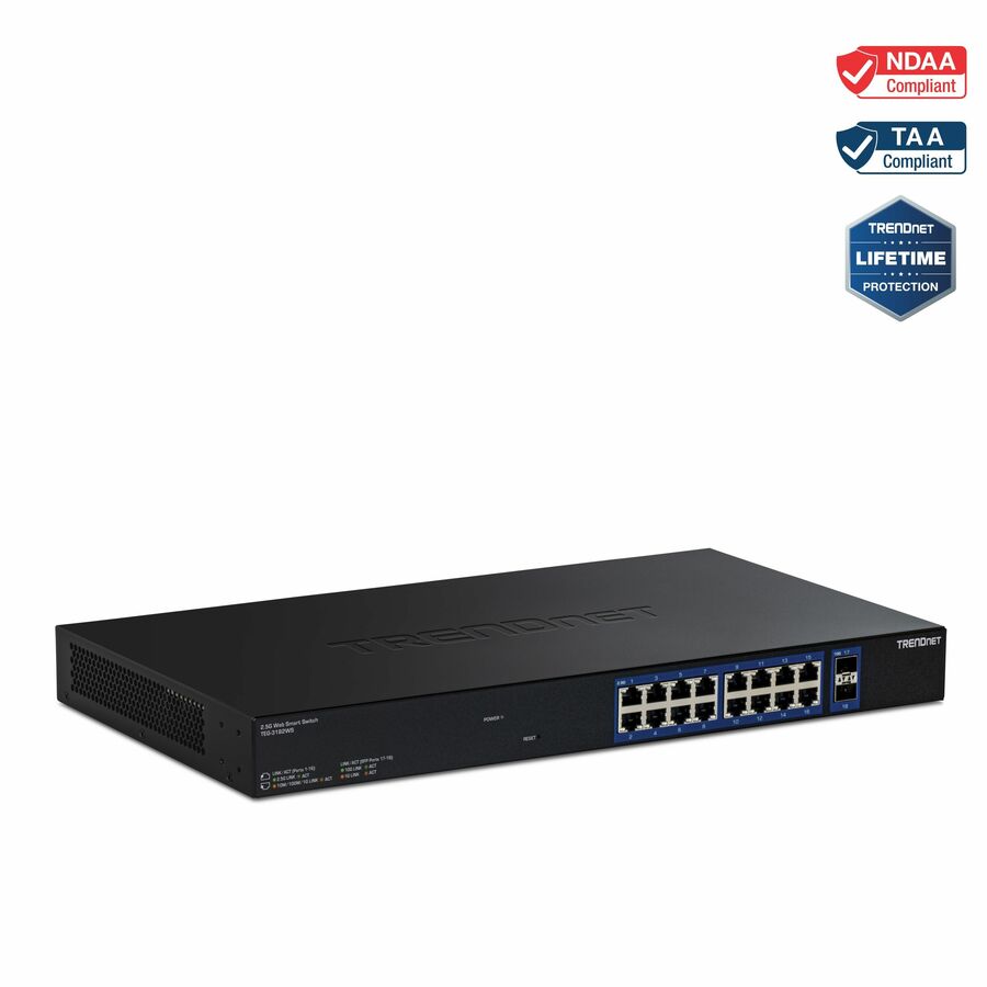 TRENDnet 18-Port Multi-Gig Web Smart Switch, TEG-3182WS, 16 x 2.5Gb Ports, 2 x 10Gb SFP+ Ports, NDAA TAA Compliant, Lifetime Protection, Remote Cloud Management, Black