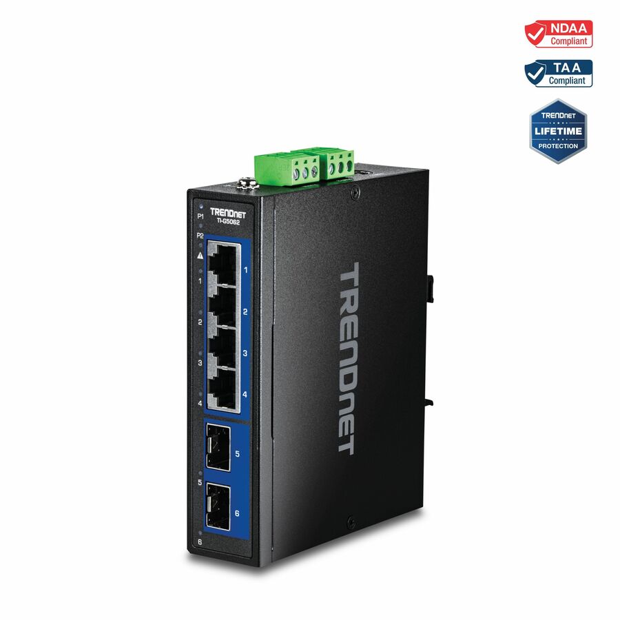 TRENDnet 6-Port Hardened Industrial Multi-Gig DIN-Rail Switch, TI-G5062, 4 x 2.5G Ports, 2 x 10G SFP Ports, 60Gbs Switching Capacity, Lifetime Protection