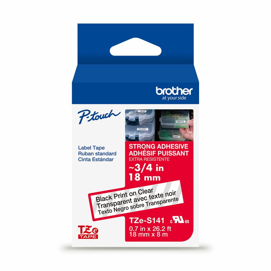 Brother Genuine P-touch TZeS141 BK on CLR Label Tape, Strong Adhesive Lam., 18mmX8m