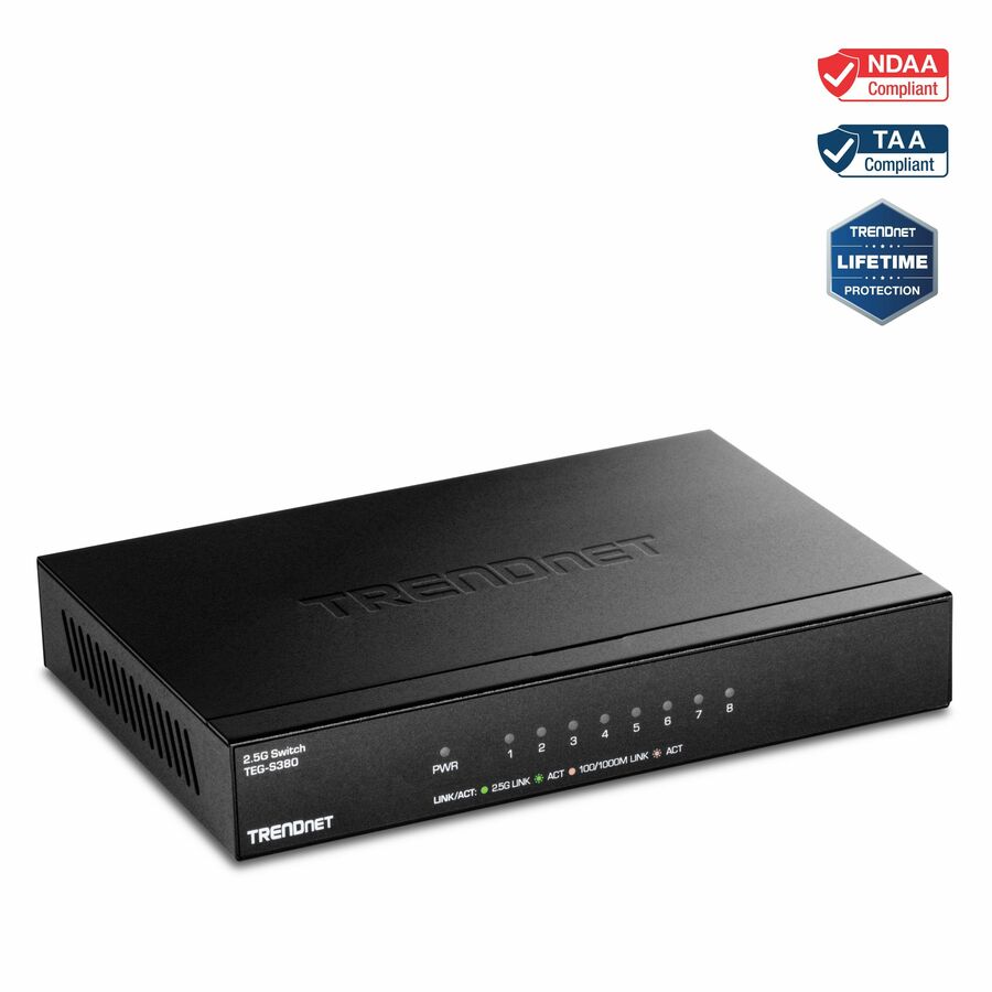 TRENDnet 8-Port 2.5Gb Multi-Gigabit Unmanaged Gaming Switch, TEG-S380, 8 x 2.5GBASE-T Ports, 25Gbps Switching Capacity, Ethernet Splitter, NDAA & TAA Compliant, Fanless, Lifetime Protection, Black