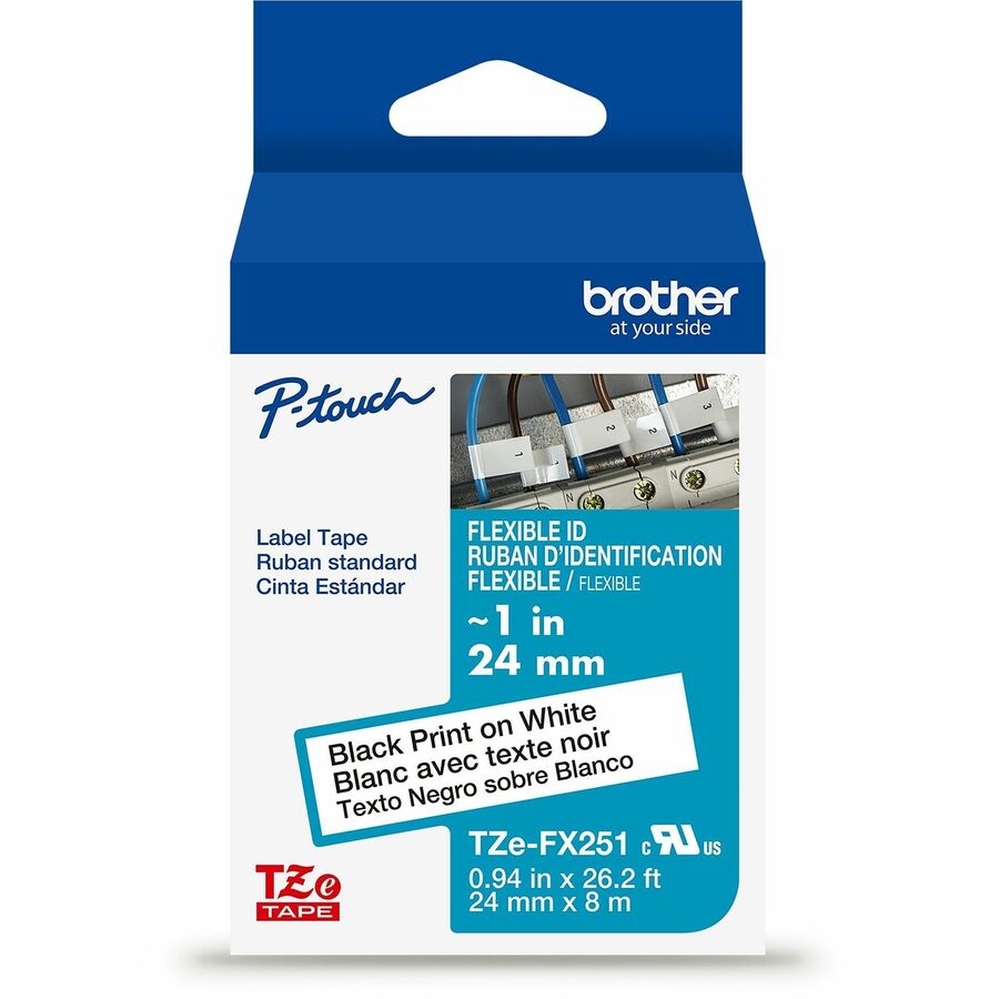 Brother Genuine P-touch TZeFX251 BK on WHT Label Tape, Flexible ID Laminated, 24mmX8m