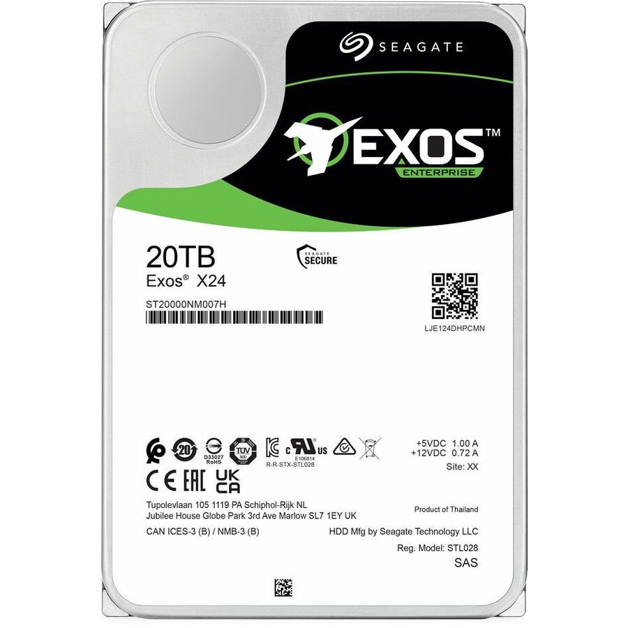 Seagate Exos X24 ST20000NM007H 20 TB Hard Drive - 3.5" Internal - SAS (12Gb/s SAS) - Conventional Magnetic Recording (CMR) Method