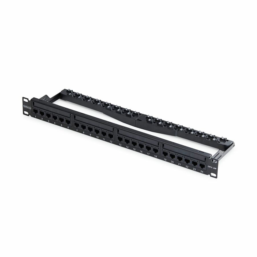 StarTech 24 Port 1U Feed Through Patch Panel with Cable Management Bar, Rackmount Cat6 Ethernet Patch Panel with RJ45 Inline Couplers