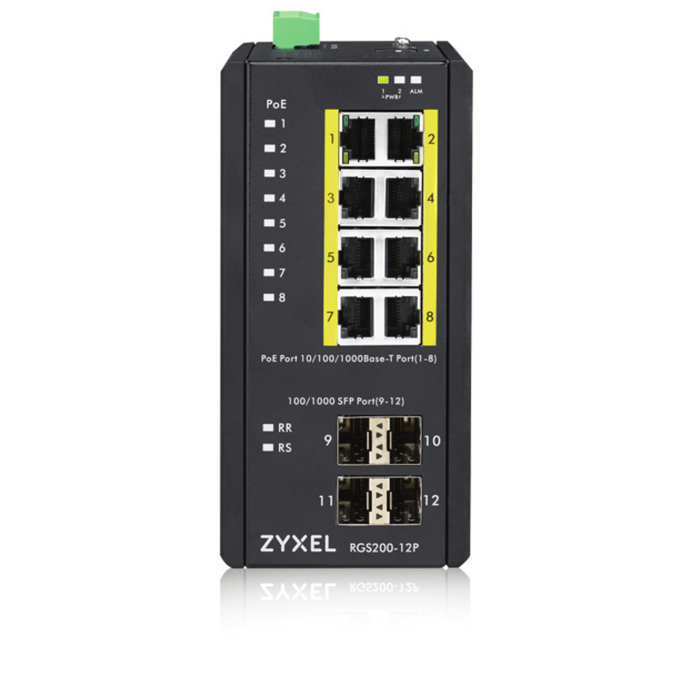 ZYXEL RGS200-12P - 12-port GbE Managed PoE Switch | Rugged | Temperture Hardened | DIN Rail Mountable
