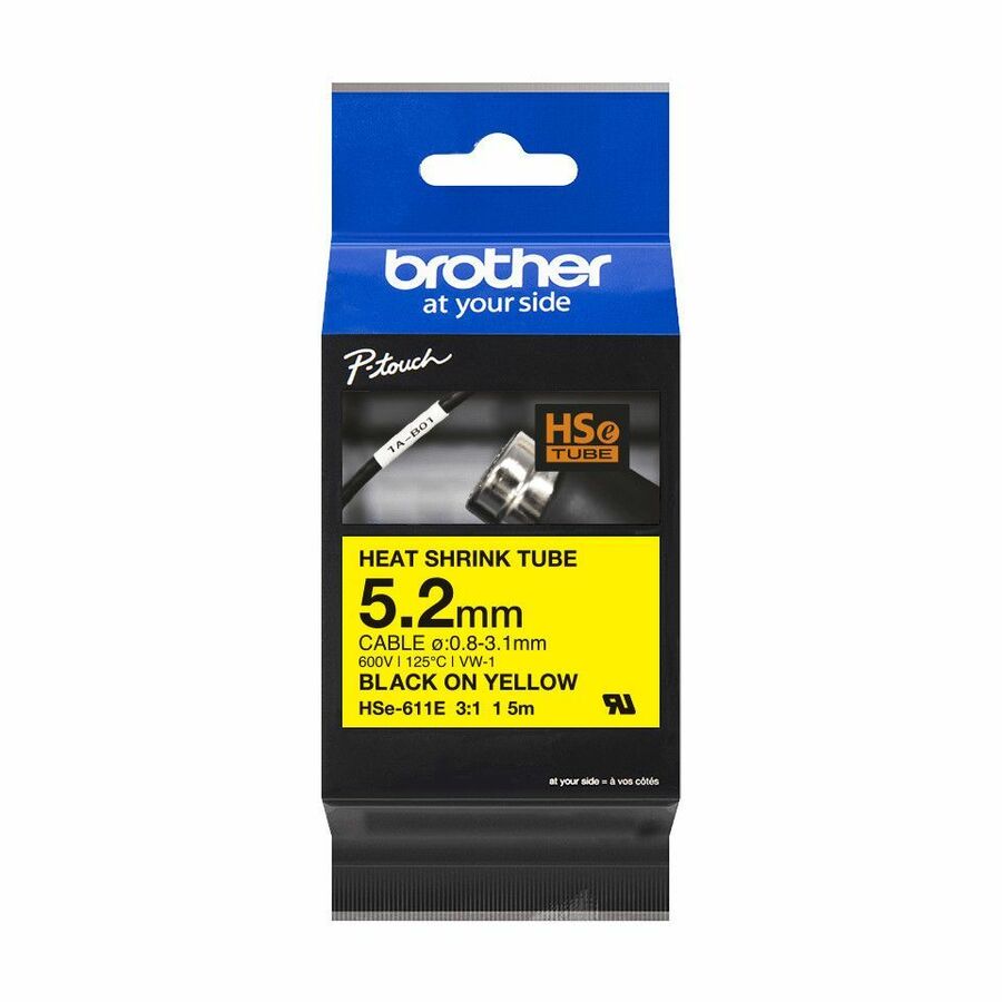 Brother HSe-611E Heat Shrink Tube Tape Cassette - Black on Yellow, 5.2mm wide