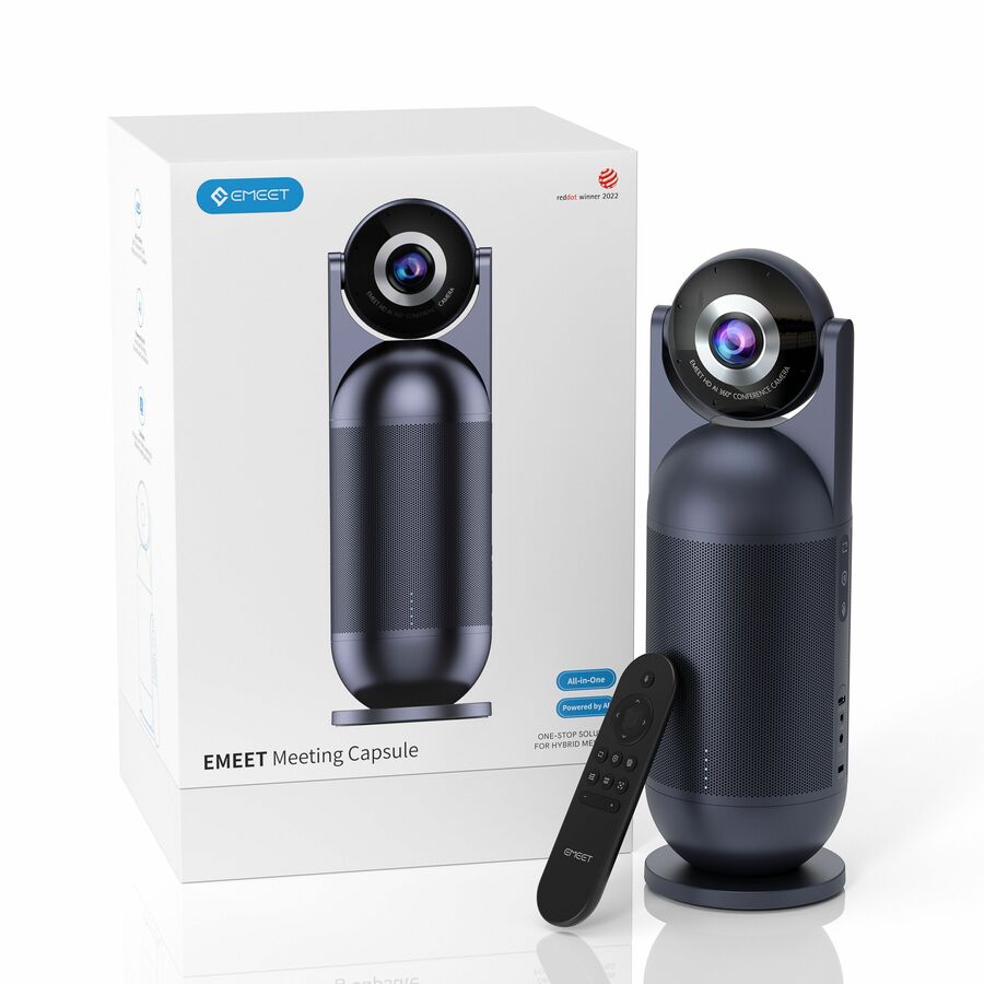 EMEET Meeting Capsule (Gen 2) - 360° Plug & Play 3-in-1 conference camera, Rotatable 4K cemara with AI Tracking, 8 Noise-Cancelling Mics with 18ft voice pickup, 10W Hi-Fi Speaker, ideal for room up to 10 People, plug & play with all popular apps, come with USB-C, C-A adapter, and remote control