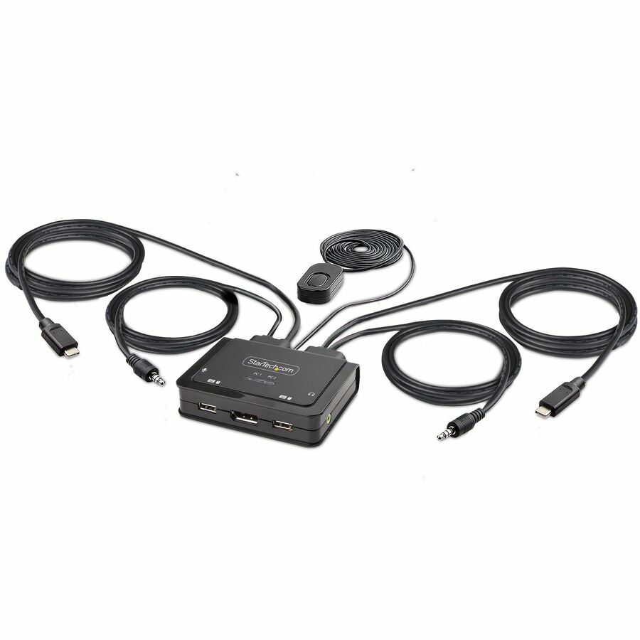 StarTech 2-Port USB-C Cable KVM Switch, 4K 60Hz DisplayPort Output, Compact KVM with 4ft/1.2m Integrated Host Cables, Bus Powered