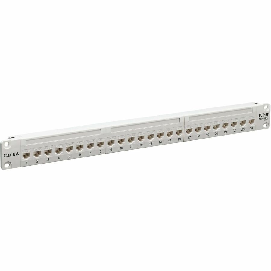 Eaton Tripp Lite Series 24-Port Cat6a Feed-Through Patch Panel - 4PPoE Compliant, 1U Rack-Mount, RJ45 Ethernet, White, TAA